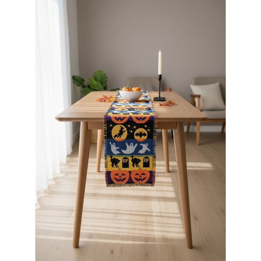 Vintage 90s Halloween Woven Tapestry Table Runner Witch Ghost Bat Pumpkin 70x12